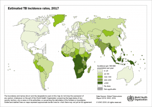 Wereldkaart met incidentie TB